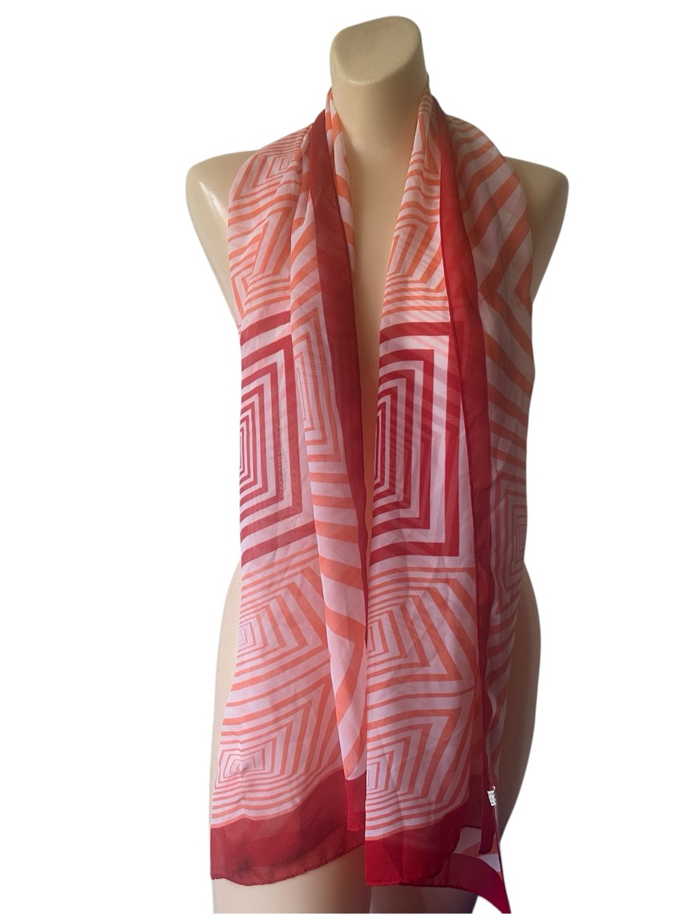 Geometric Op Art Scarf Red Peach Long Rectangle Sheer Retro Mod Design